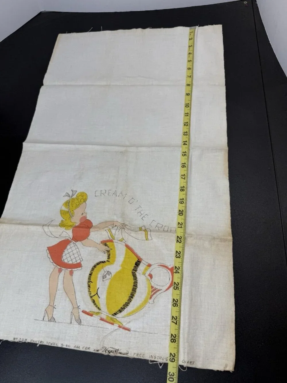 Vintage Vogart Pantry Towel Printed Embroidery Girl Cream O’ The Crop 1950s